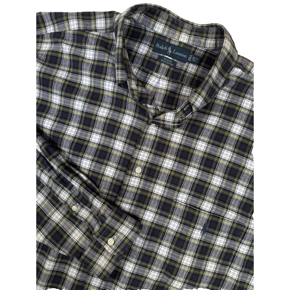 Ralph Lauren Blake XL Tall Plaid Long Sleeve Cotton Button Down Green Blue Shirt